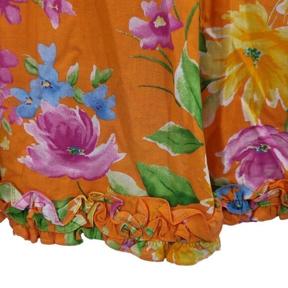 Vintage 90s Skirt 12 Orange Floral Cotton Paneled Tea Length A-line Ruffle Hem - Picture 2 of 10
